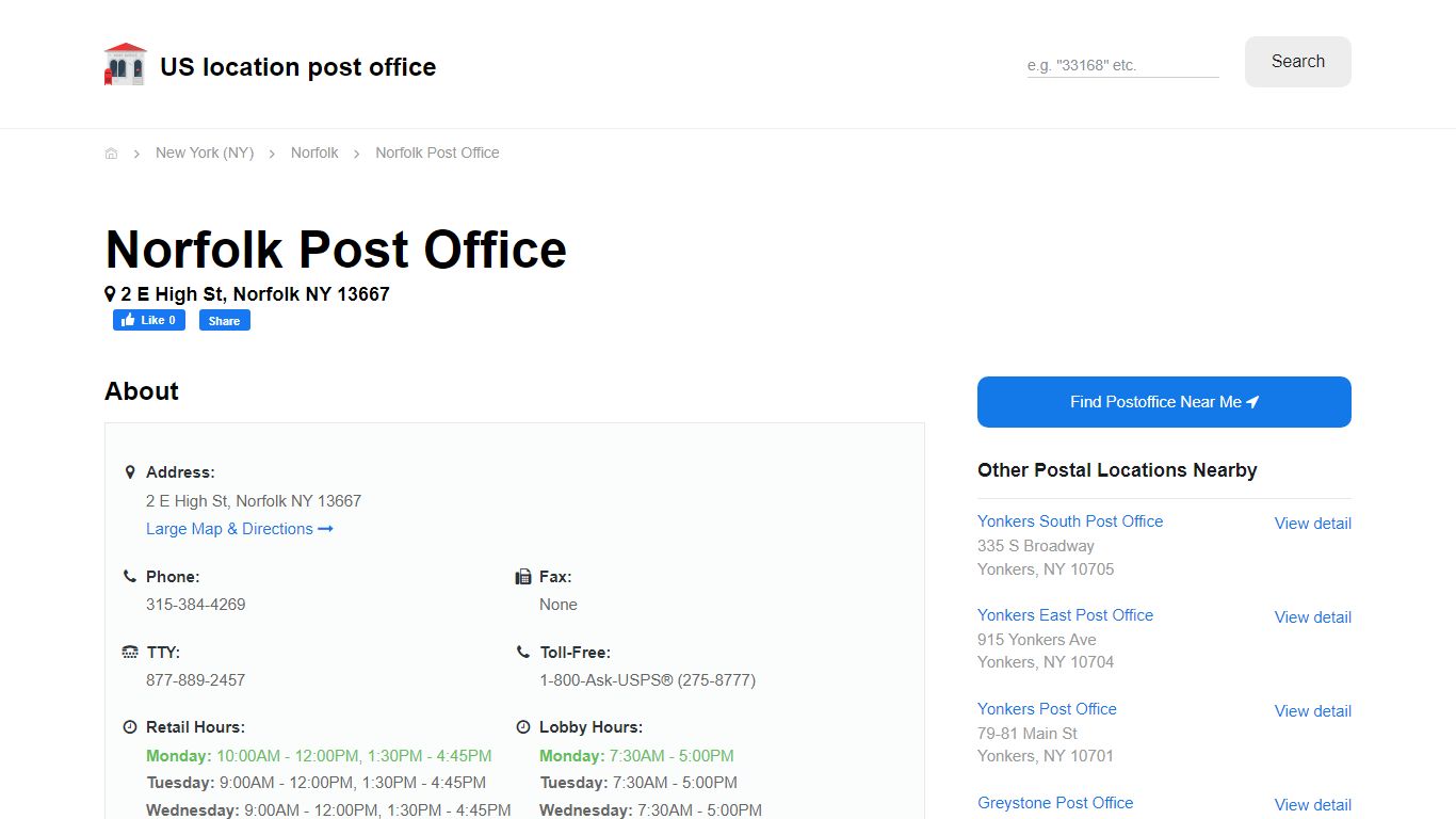 Norfolk Post Office, NY 13667 - Hours Phone Service and Location