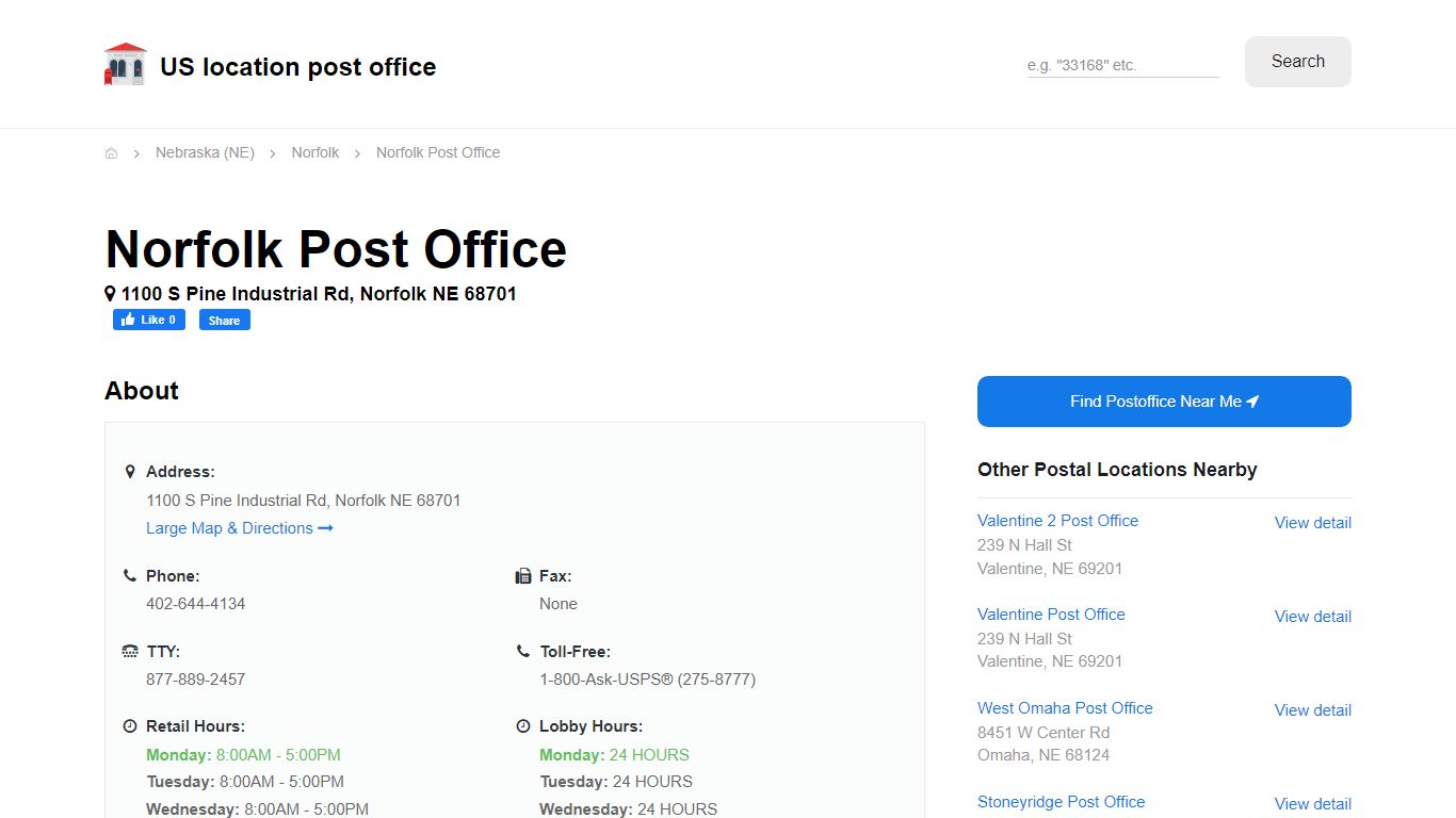 Norfolk Post Office, NE 68701 - Hours Phone Service and Location